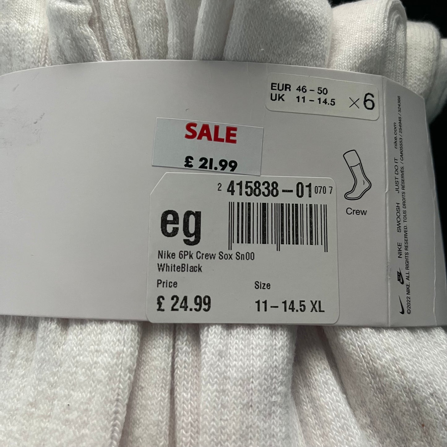 Nike Everyday Crew Socks White/Black UK Size 11-14.5 6 Pairs