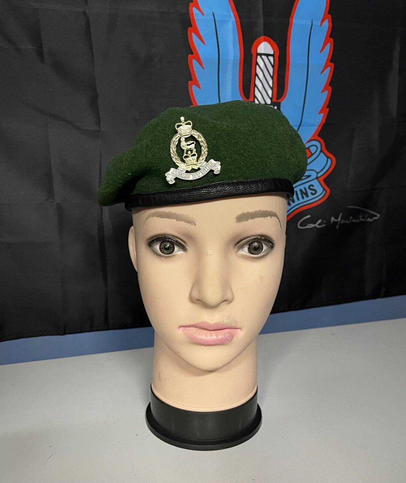 British Army Adjutant General's Corps AGC Beret Green 56CM Used With Cap Badge