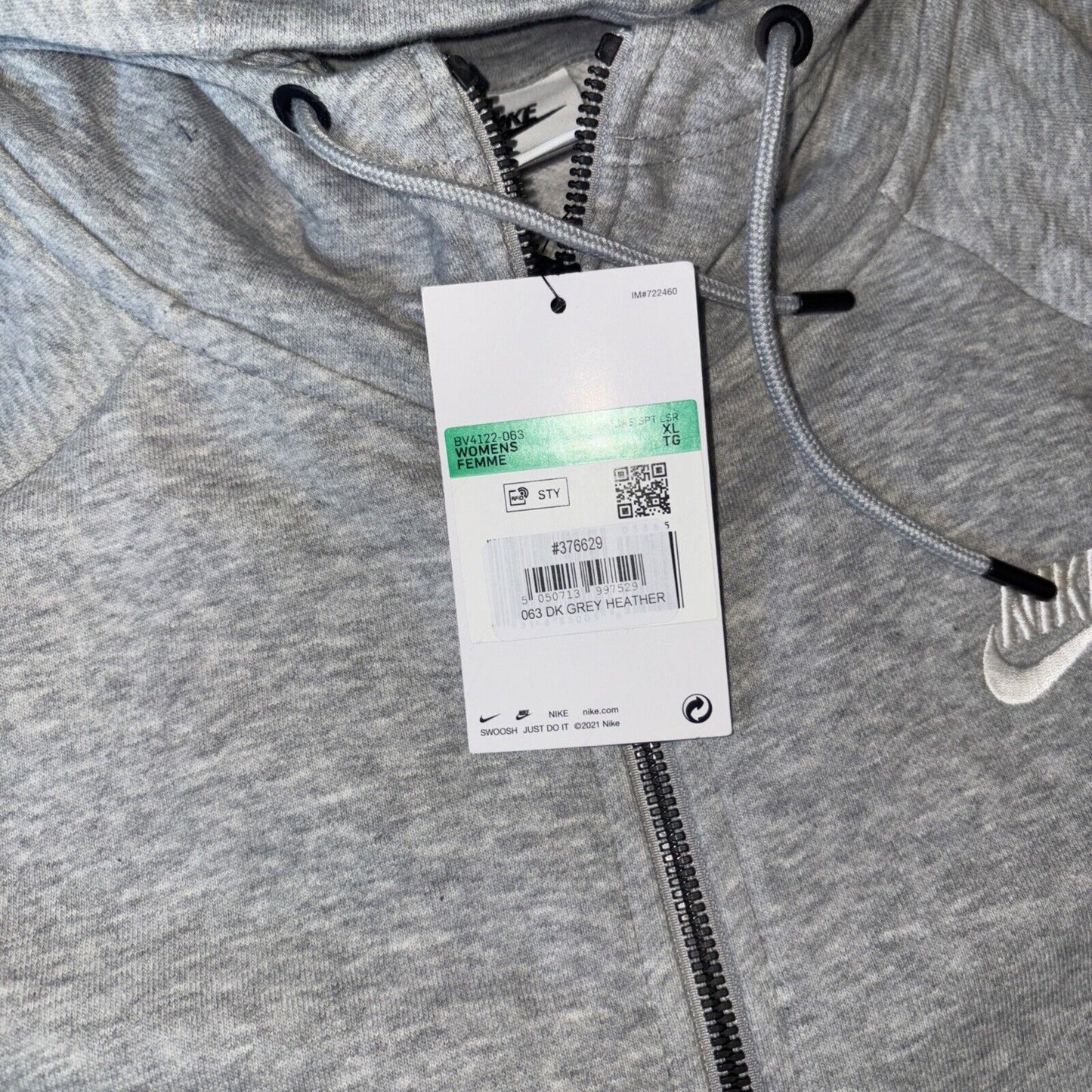 Nike Grey Zip-Up Fleece Hoodie Womens Grey Heather Regular Full Zip RRP £64