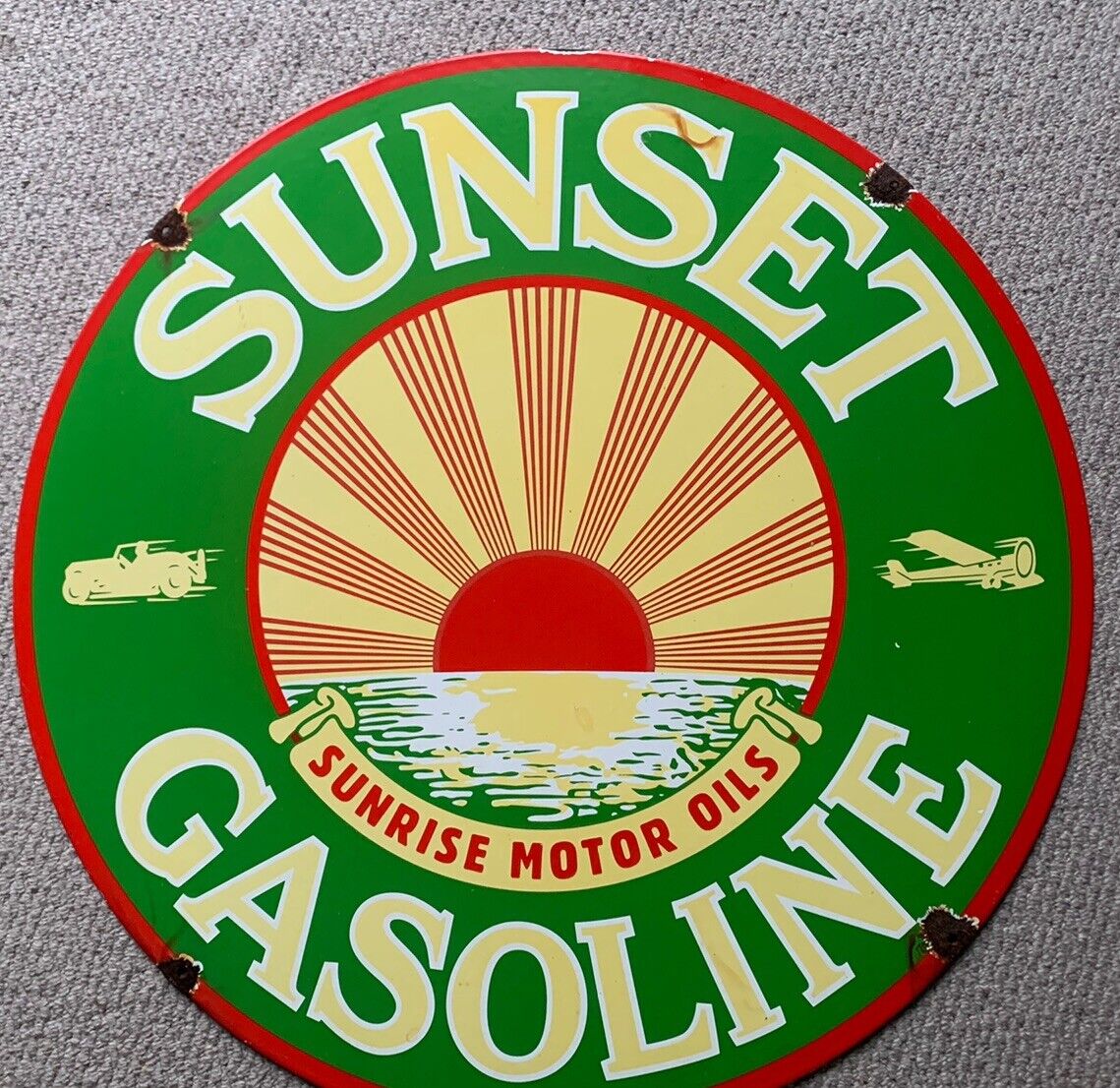 Vintage Large Enamel Advertising Sign Sunset Oil Antique Classic Cars Man Cave