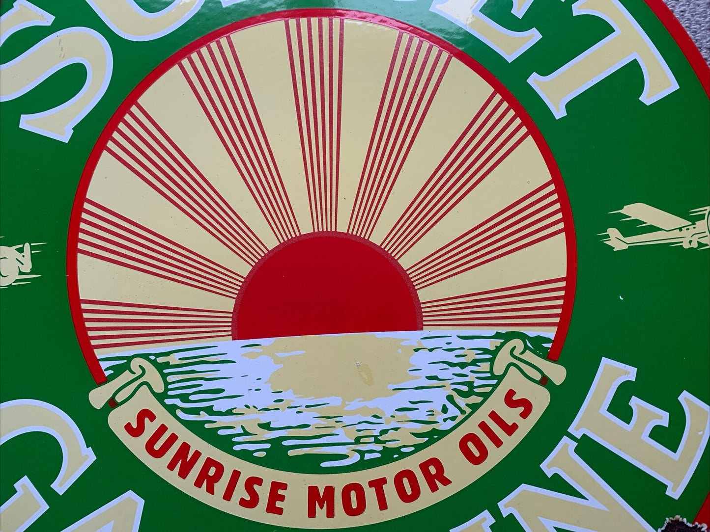 Vintage Large Enamel Advertising Sign Sunset Oil Antique Classic Cars Man Cave