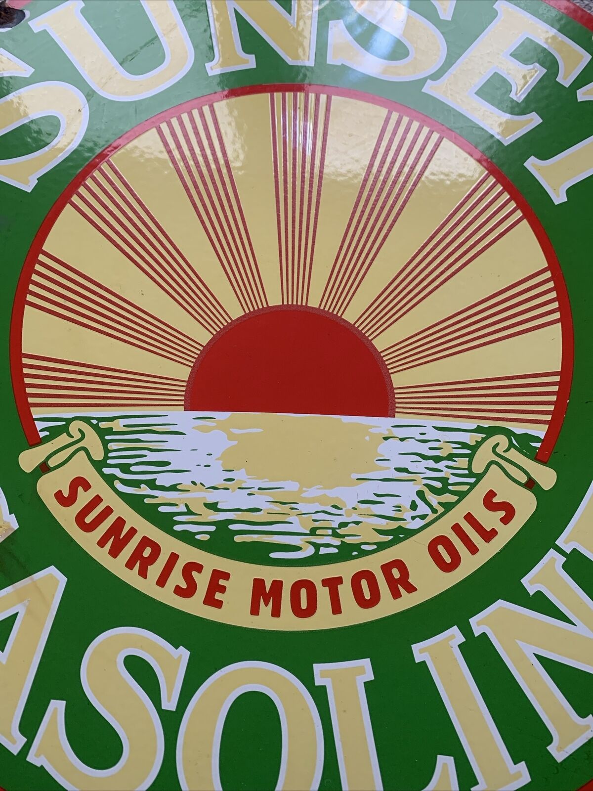 Vintage Large Enamel Advertising Sign Sunset Oil Antique Classic Cars Man Cave