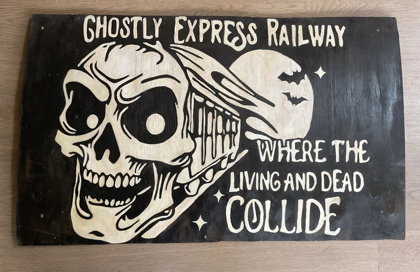 Vintage Hand Painted Carnival Ghost Trai Sign Antique Circus Fairground Folk Art