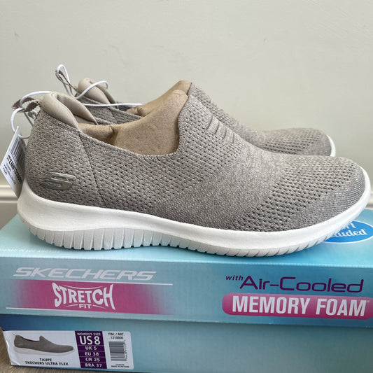 SKECHERS TRAINERS Womens Taupe ULTRA FLEX SLIP-ON Ladies Walking Shoes Size 5