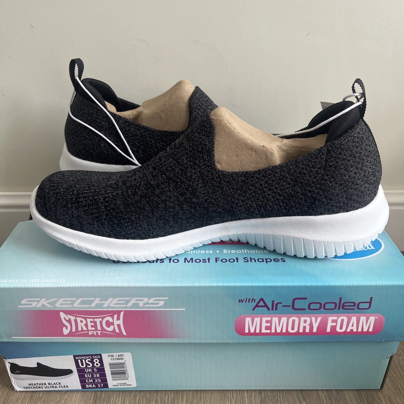 Skechers Ultra Flex Ladies Trainers UK 5 Heather Black Memory Foam Slip On New