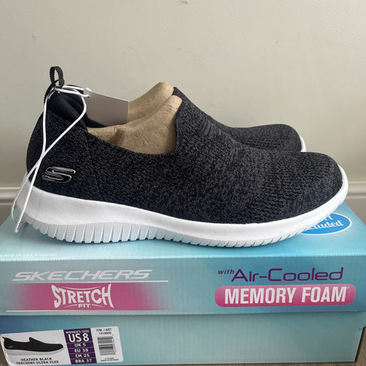 Skechers Ultra Flex Ladies Trainers UK 5 Heather Black Memory Foam Slip On New