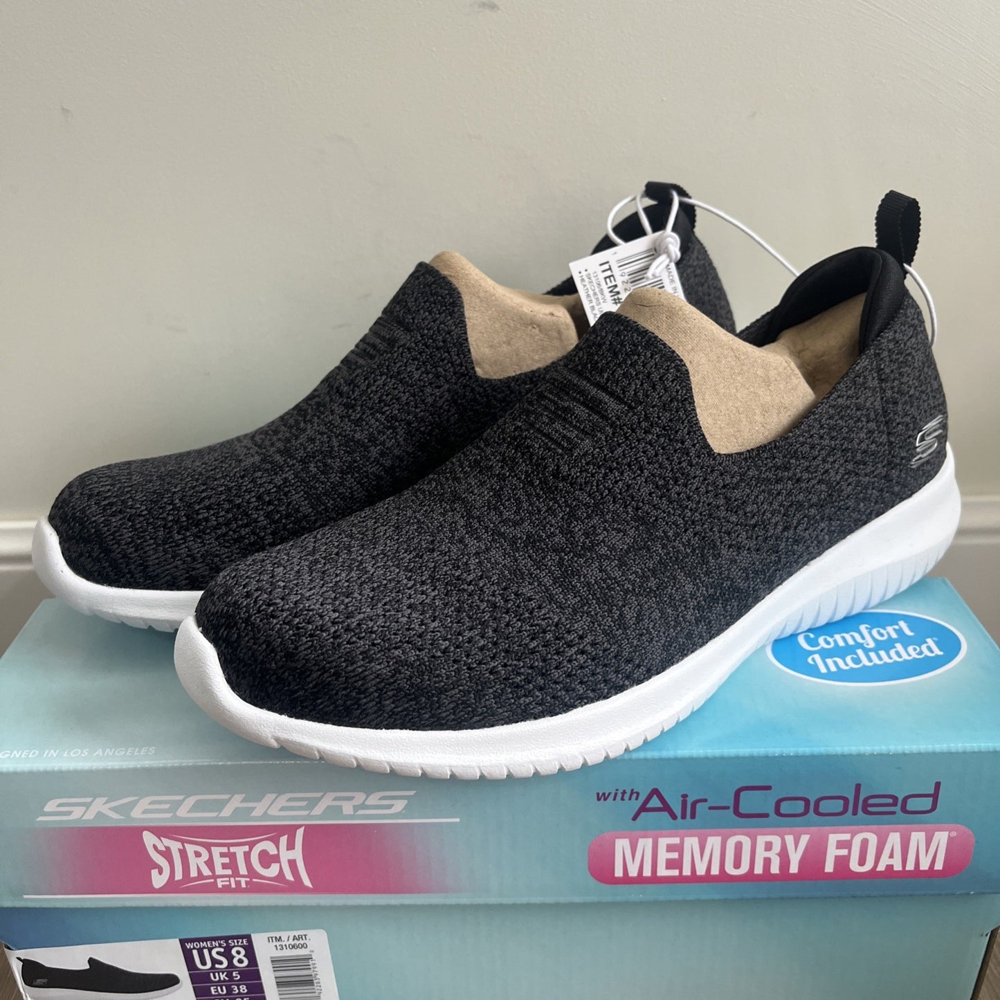 Skechers Ultra Flex Ladies Trainers UK 5 Heather Black Memory Foam Slip On New