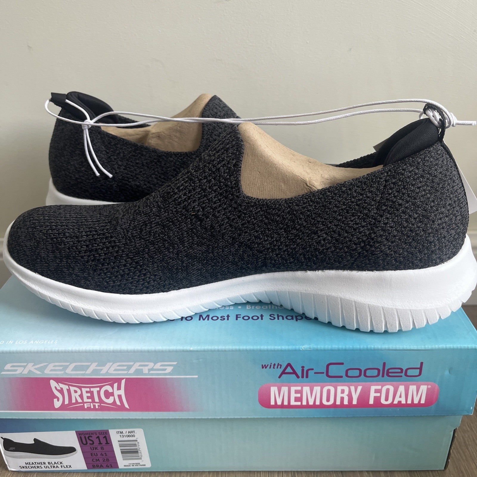 Skechers Ultra Flex Ladies Trainers UK 8 Heather Black Memory Foam Slip On New