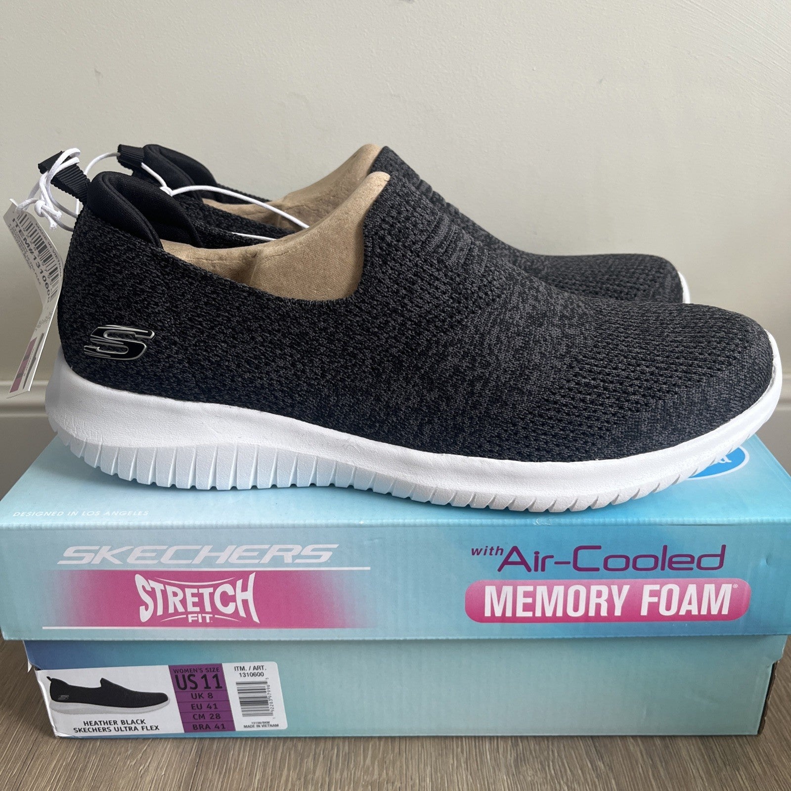 Skechers Ultra Flex Ladies Trainers UK 8 Heather Black Memory Foam Slip On New