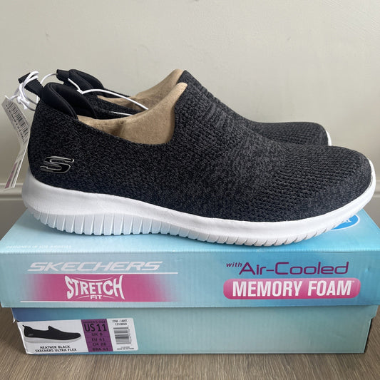 Skechers Ultra Flex Ladies Trainers UK 8 Heather Black Memory Foam Slip On New