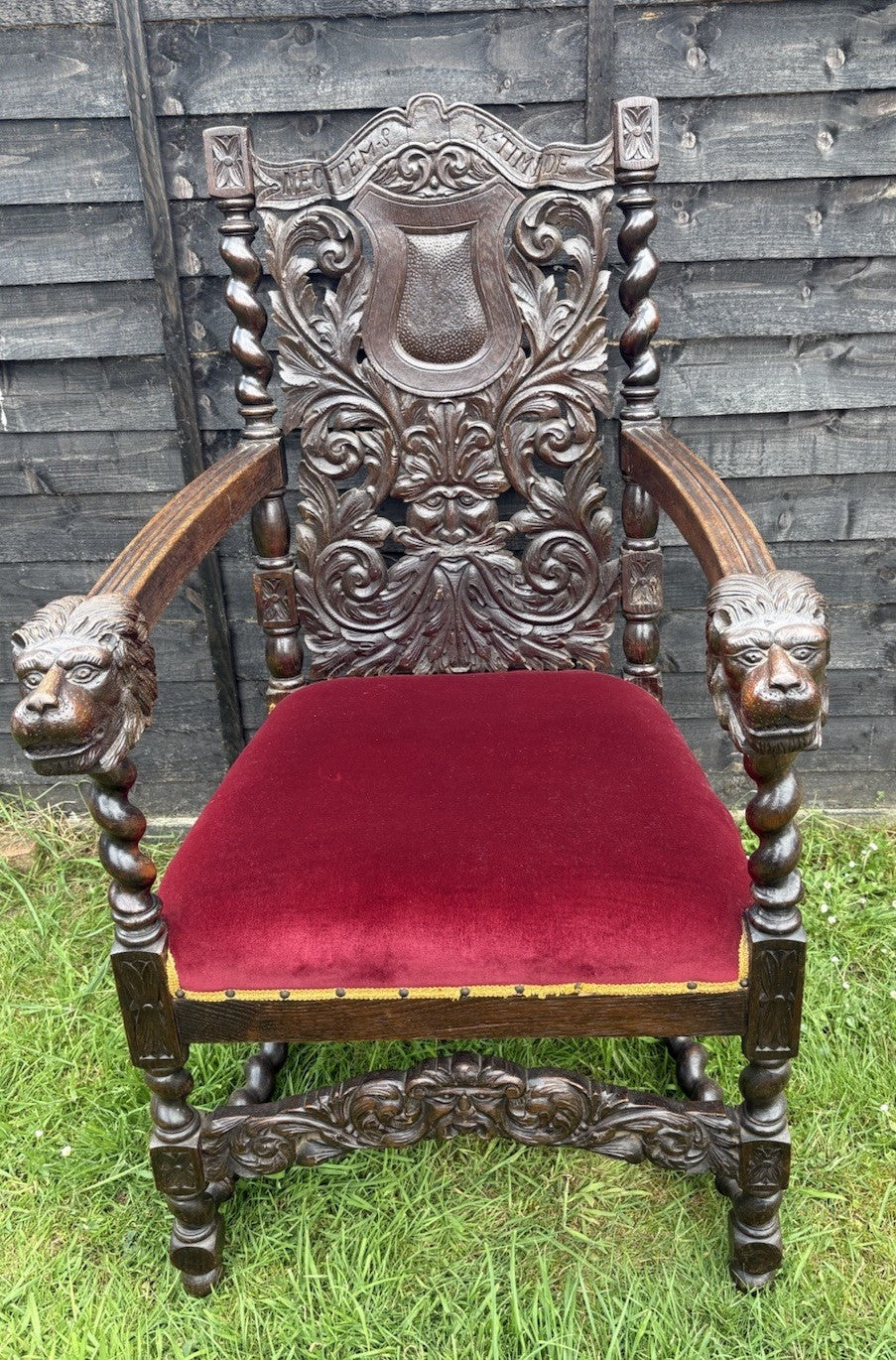 Antique Oak Armchair Throne Victorian Quality Carved Large Ornate Country House
