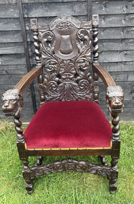 Antique Oak Armchair Throne Victorian Quality Carved Large Ornate Country House