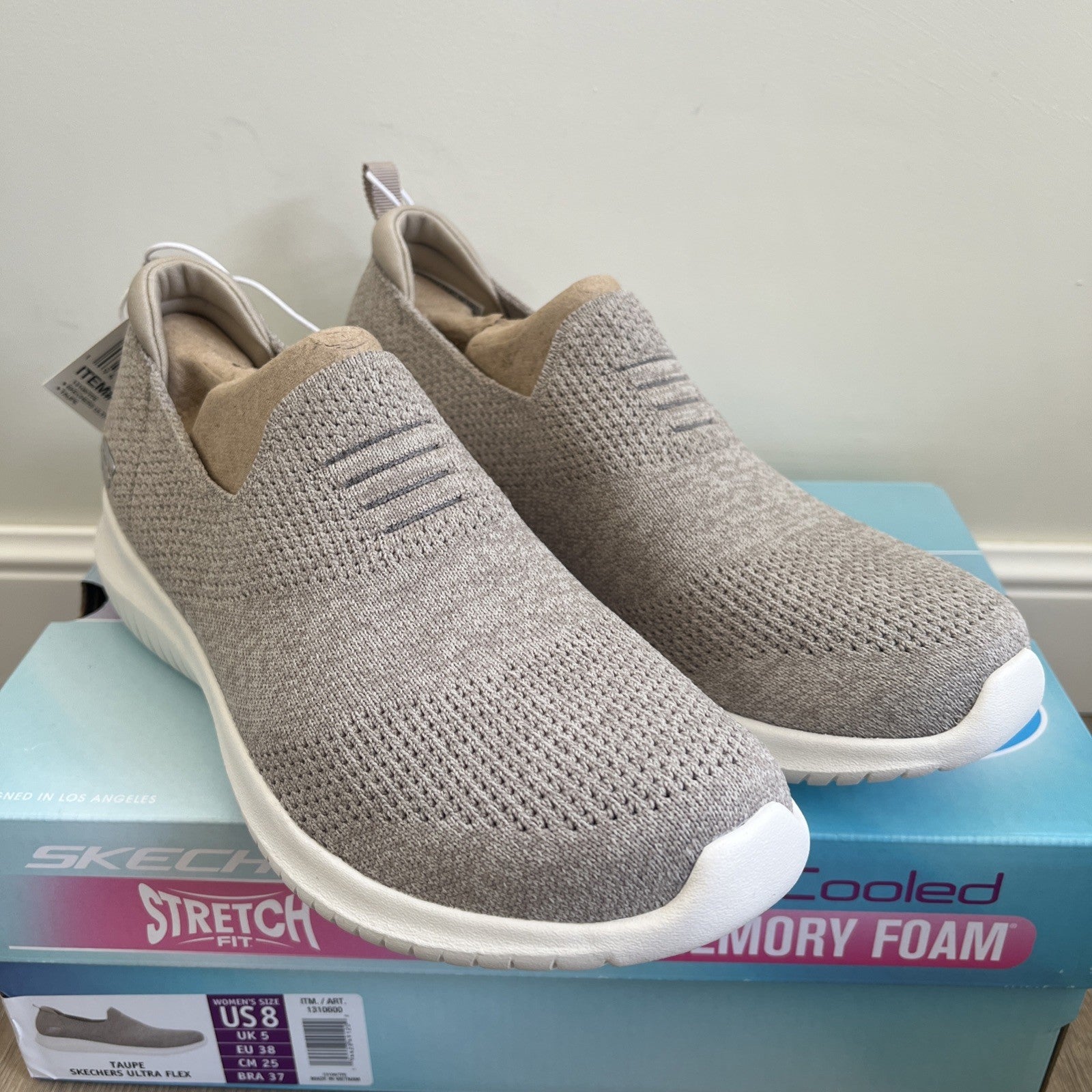 SKECHERS TRAINERS Womens Taupe ULTRA FLEX SLIP-ON Ladies Walking Shoes Size 5