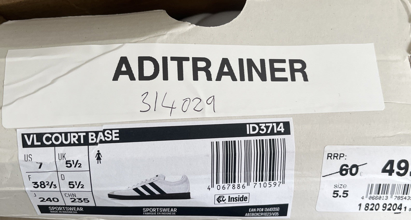 Adidas VL Court Base Trainers UK 5.5 White Black Gum ID3714 Retro Shoes Womens