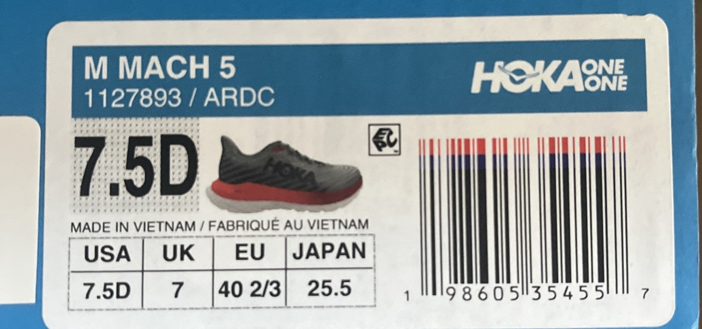 HOKA Mach 5 Men's Breathable Mesh Running Trainers Grey Lace Up UK 7 New In Box