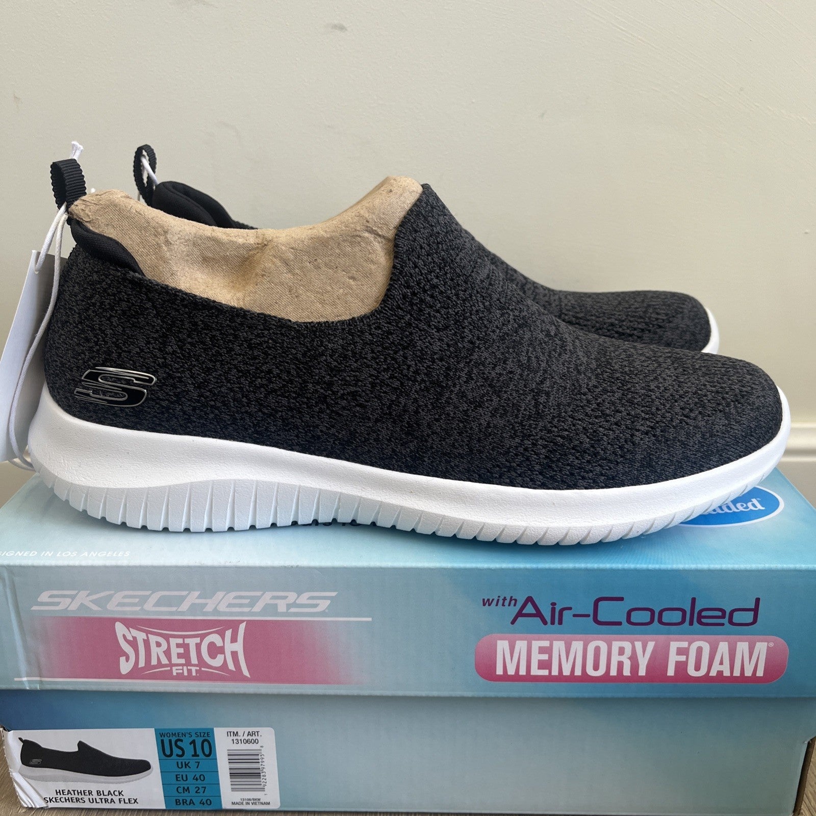 Skechers Ultra Flex Ladies Trainers UK 7 Heather Black Memory Foam Slip On New
