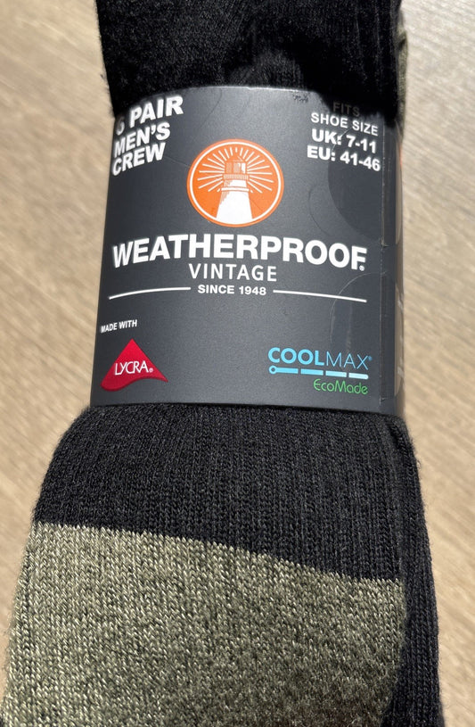 Weatherproof Crew Vintage Coolmax Socks Size UK 7-11 Men's 6 x Pairs Colours