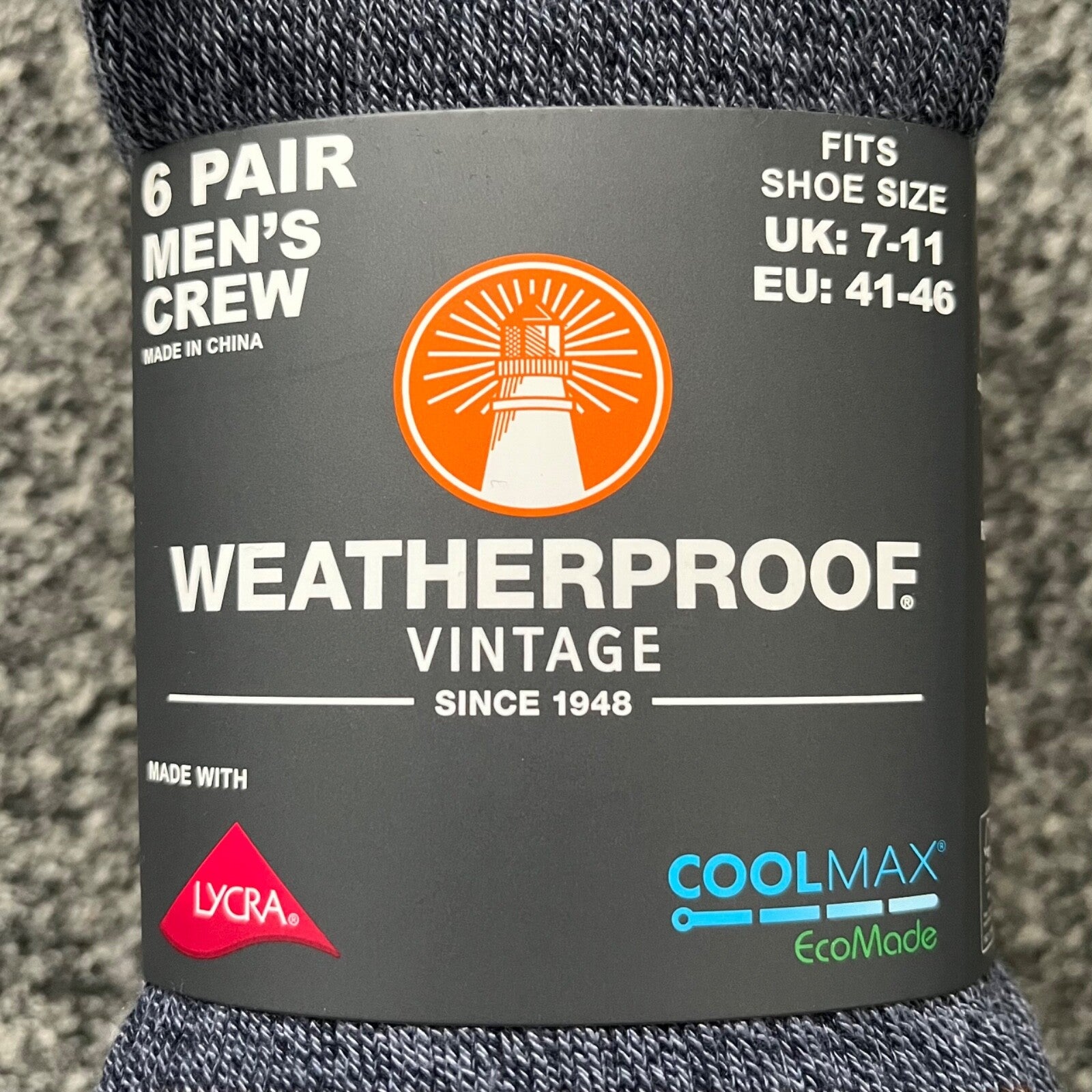 Weatherproof Crew Vintage Coolmax Socks Size UK 7-11 Men's 6 x Pairs Colours
