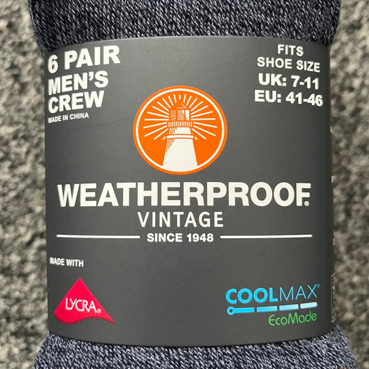 Weatherproof Crew Vintage Coolmax Socks Size UK 7-11 Men's 6 x Pairs Colours