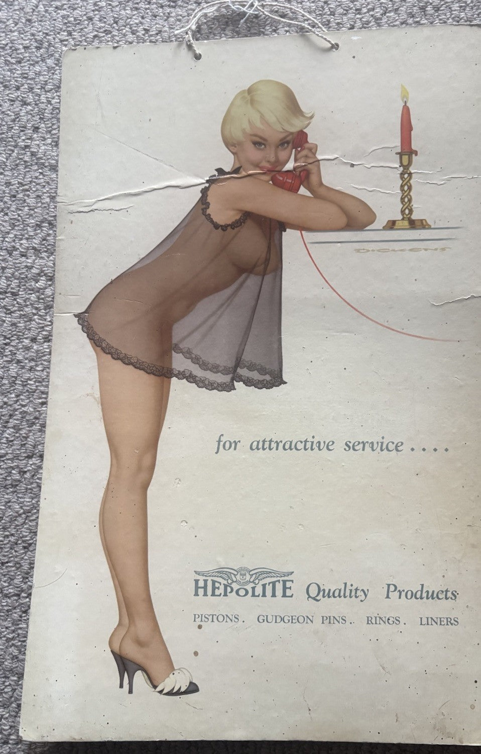 Rare Vintage  Pin Up Hepolite piston Advertising Sign (Garage/Man Cave Etc)