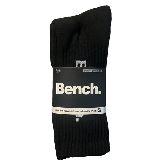 BENCH Crew Socks Size UK 6-11 New Mens Sports Everyday Black Cotton 5 Pack