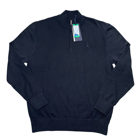 Jack Wills Men’s Holme 1/4 Zip Jumper in black. Classic design with zip collar and logo embroidery. Available in multiple sizes. Casual menswear 